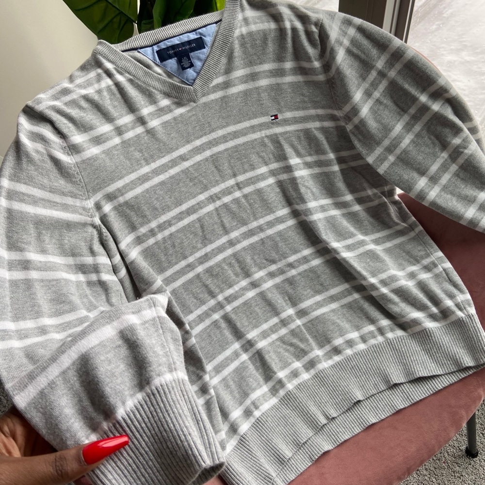 Tommy Hilfiger Grey and White Striped Sweater